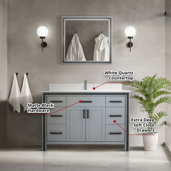 Ziva 48W x 22D Dark Grey Bath Vanity, White Quartz Top and 34Mirror