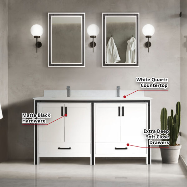 Ziva 60W x 22D White Double Bath Vanity and White Quartz Top