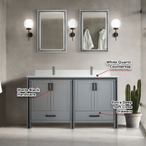 Ziva 60W x 22D Dark Grey Double Bath Vanity and White Quartz Top