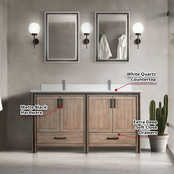 Ziva 60W x 22D Rustic Barnwood Double Bath Vanity and White Quartz Top