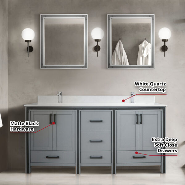 Ziva 72W x 22D Dark Grey Double Bath Vanity and White Quartz Top