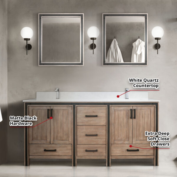 Ziva 72W x 22D Rustic Barnwood Double Bath Vanity and White Quartz Top