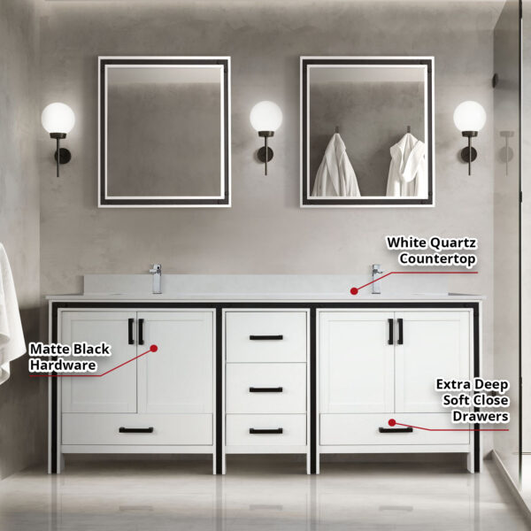 Ziva 80W x 22D White Double Bath Vanity and White Quartz Top