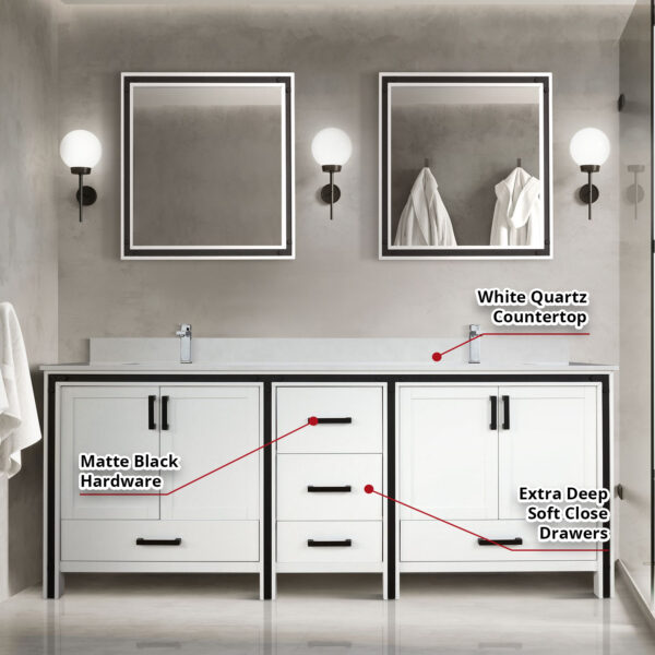 Ziva 84W x 22D White Double Bath Vanity and White Quartz Top