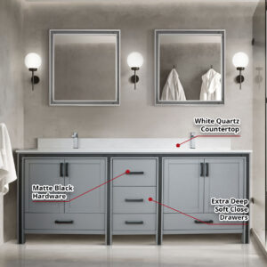 Ziva 84W x 22D Dark Grey Double Bath Vanity and White Quartz Top