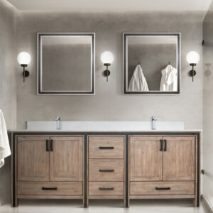 Ziva 84W x 22D Rustic Barnwood Double Bath Vanity, White Quartz Top and 34Mirrors