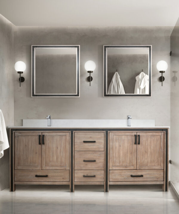 Ziva 84W x 22D Rustic Barnwood Double Bath Vanity, White Quartz Top and 34Mirrors