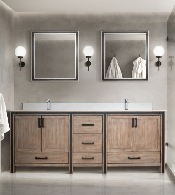 Ziva 84W x 22D Rustic Barnwood Double Bath Vanity, Cultured Marble Top and Faucet Set