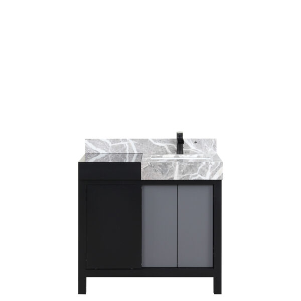 Zilara 36W x 22D Black and Grey Bath Vanity, Castle Grey Marble Top and Matte Black Faucet Set