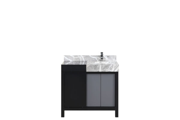 Zilara 36W x 22D Black and Grey Bath Vanity, Castle Grey Marble Top and Chrome Faucet Set