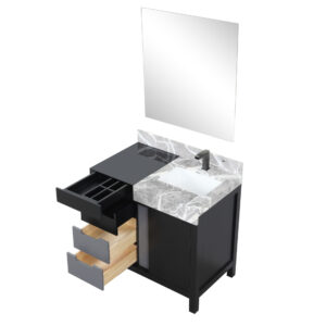 Zilara 36W x 22D Black and Grey Bath Vanity, Castle Grey Marble Top, Gun Metal Faucet Set and 30Mirror