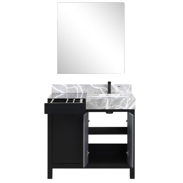 Zilara 36W x 22D Black and Grey Bath Vanity, Castle Grey Marble Top, Gun Metal Faucet Set and 30Mirror