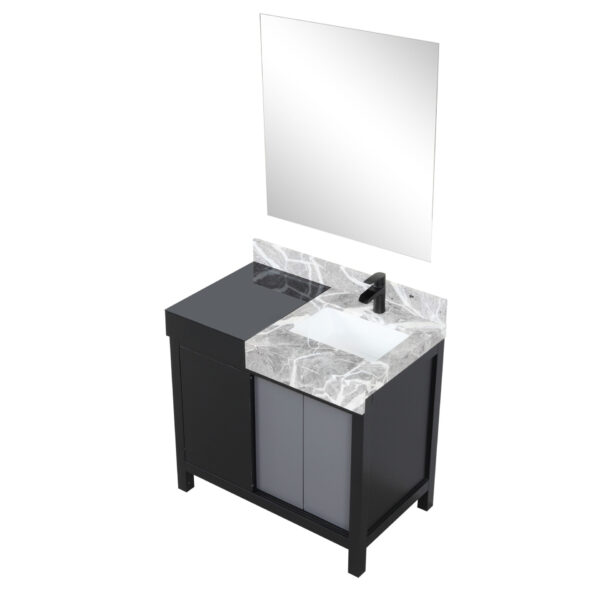 Zilara 36W x 22D Black and Grey Bath Vanity, Castle Grey Marble Top, Matte Black Faucet Set and 30Mirror