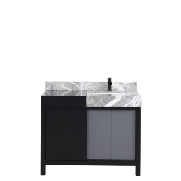 Zilara 42W x 22D Black and Grey Bath Vanity, Castle Grey Marble Top and Matte Black Faucet Set