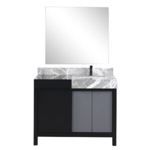 Zilara 42W x 22D Black and Grey Bath Vanity, Castle Grey Marble Top, Gun Metal Faucet Set and 34Mirror