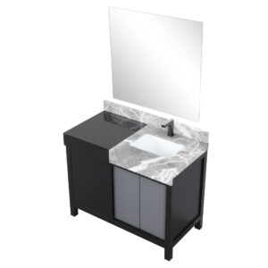 Zilara 42W x 22D Black and Grey Bath Vanity, Castle Grey Marble Top, Gun Metal Faucet Set and 34Mirror