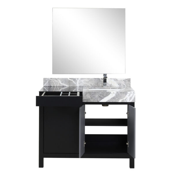 Zilara 42W x 22D Black and Grey Bath Vanity, Castle Grey Marble Top, Chrome Faucet Set and 34Mirror