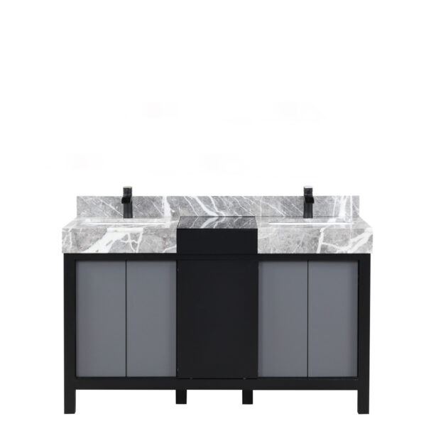 Zilara 55W x 22D Black and Grey Double Bath Vanity, Castle Grey Marble Top and Matte Black Faucet Set