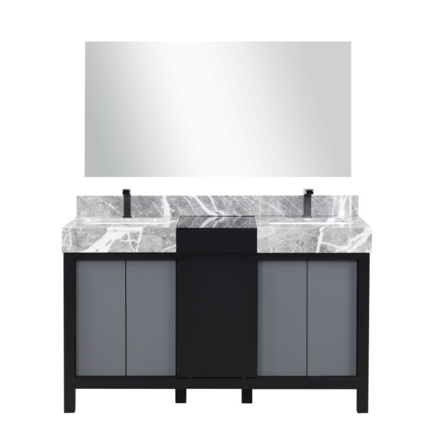 Zilara 55W x 22D Black and Grey Double Bath Vanity, Castle Grey Marble Top, Gun Metal Faucet Set and 53Mirror