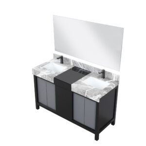 Zilara 55W x 22D Black and Grey Double Bath Vanity, Castle Grey Marble Top, Gun Metal Faucet Set and 53Mirror