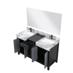 Zilara 55W x 22D Black and Grey Double Bath Vanity, Castle Grey Marble Top, Gun Metal Faucet Set and 53Mirror