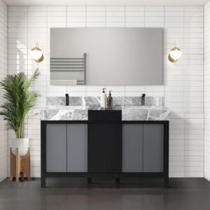 Zilara 55W x 22D Black and Grey Double Bath Vanity, Castle Grey Marble Top and Gun Metal Faucet Set