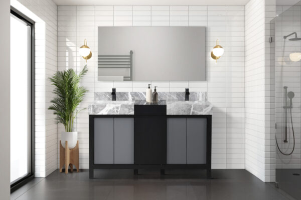 Zilara 55W x 22D Black and Grey Double Bath Vanity and Castle Grey Marble Top