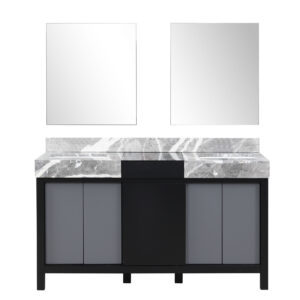 Zilara 60W x 22D Black and Grey Double Bath Vanity, Castle Grey Marble Top and 28Mirrors