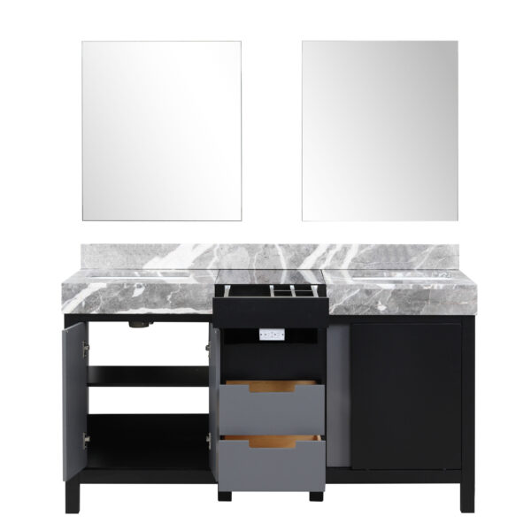 Zilara 60W x 22D Black and Grey Double Bath Vanity, Castle Grey Marble Top and 28Mirrors