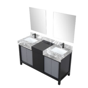 Zilara 60W x 22D Black and Grey Double Bath Vanity, Castle Grey Marble Top, Gun Metal Faucet Set and 28Mirrors