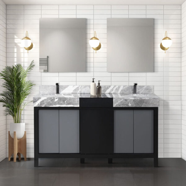 Zilara 60W x 22D Black and Grey Double Bath Vanity, Castle Grey Marble Top and Gun Metal Faucet Set