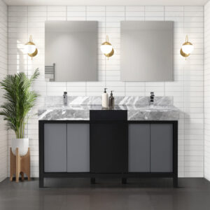 Zilara 60W x 22D Black and Grey Double Bath Vanity, Castle Grey Marble Top and Chrome Faucet Set