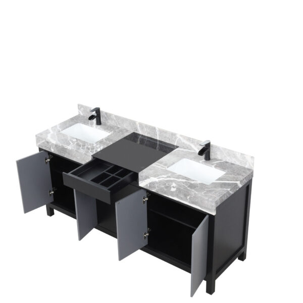 Zilara 72W x 22D Black and Grey Double Bath Vanity, Castle Grey Marble Top and Matte Black Faucet Set