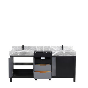 Zilara 72W x 22D Black and Grey Double Bath Vanity, Castle Grey Marble Top and Matte Black Faucet Set