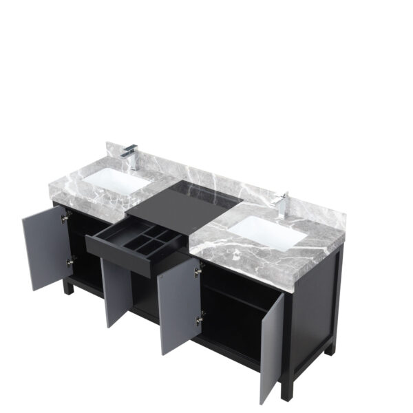 Zilara 72W x 22D Black and Grey Double Bath Vanity, Castle Grey Marble Top and Chrome Faucet Set