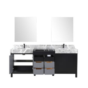 Zilara 80W x 22D Black and Grey Double Bath Vanity, Castle Grey Marble Top, Gun Metal Faucet Set and 30Mirrors