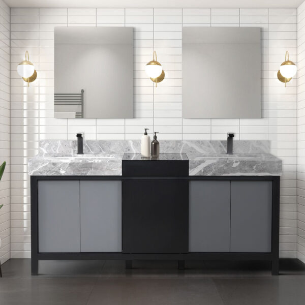 Zilara 72W x 22D Black and Grey Double Bath Vanity, Castle Grey Marble Top and Gun Metal Faucet Set