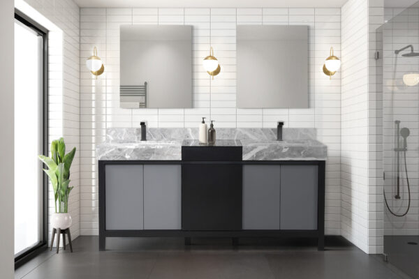 Zilara 72W x 22D Black and Grey Double Bath Vanity, Castle Grey Marble Top and Gun Metal Faucet Set