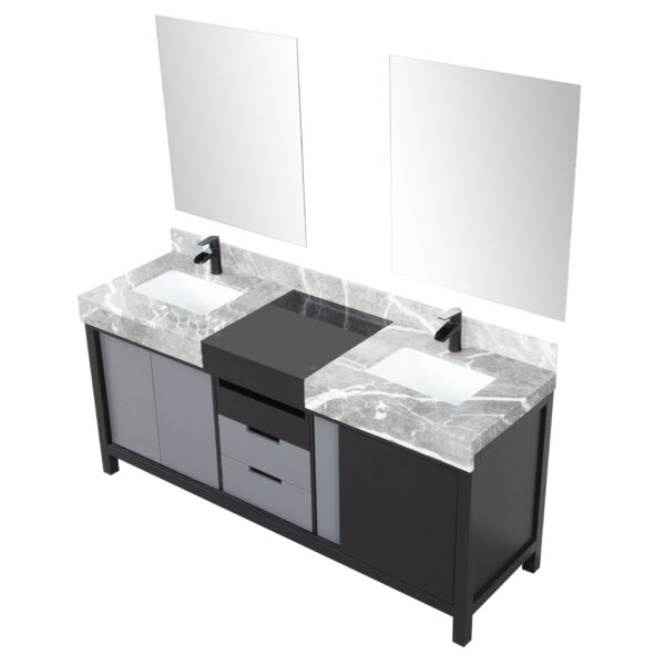 Zilara 72W x 22D Black and Grey Double Bath Vanity, Castle Grey Marble Top, Matte Black Faucet Set and 28Mirrors