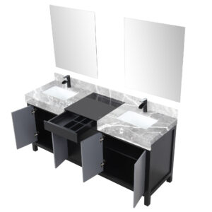 Zilara 72W x 22D Black and Grey Double Bath Vanity, Castle Grey Marble Top, Matte Black Faucet Set and 28Mirrors