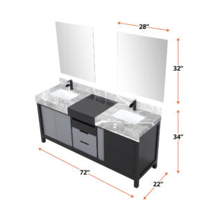 Zilara 72W x 22D Black and Grey Double Bath Vanity, Castle Grey Marble Top, Matte Black Faucet Set and 28Mirrors