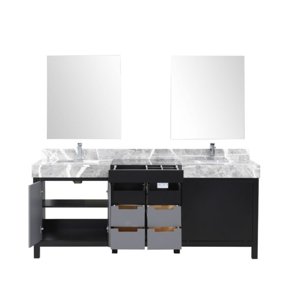 Zilara 80W x 22D Black and Grey Double Bath Vanity, Castle Grey Marble Top, Chrome Faucet Set and 30Mirrors