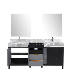 Zilara 72W x 22D Black and Grey Double Bath Vanity, Castle Grey Marble Top, Chrome Faucet Set and 28Mirrors