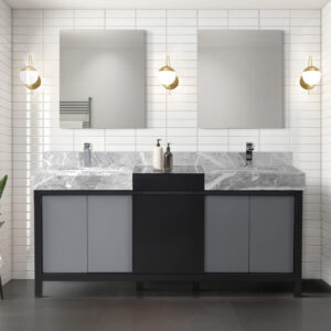 Zilara 72W x 22D Black and Grey Double Bath Vanity, Castle Grey Marble Top and Chrome Faucet Set