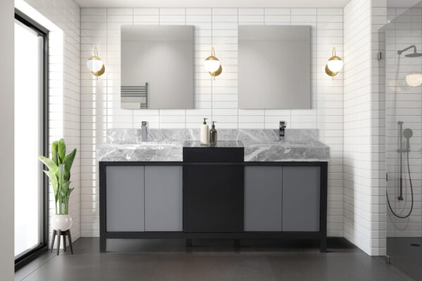 Zilara 72W x 22D Black and Grey Double Bath Vanity, Castle Grey Marble Top and Chrome Faucet Set