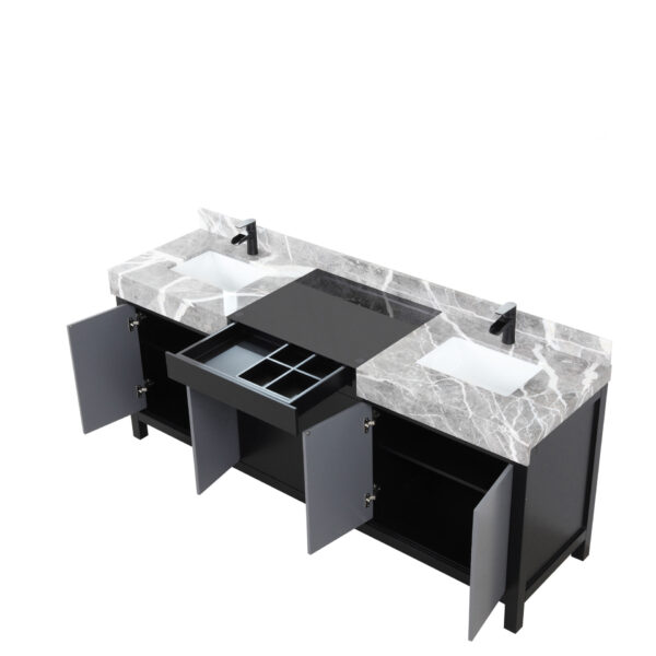 Zilara 80W x 22D Black and Grey Double Bath Vanity, Castle Grey Marble Top and Matte Black Faucet Set