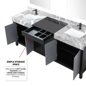 Zilara 80W x 22D Black and Grey Double Bath Vanity, Castle Grey Marble Top and Gun Metal Faucet Set