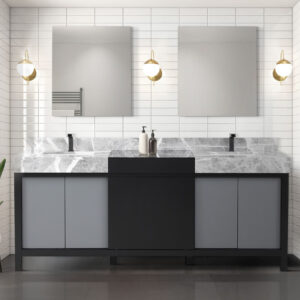 Zilara 80W x 22D Black and Grey Double Bath Vanity, Castle Grey Marble Top and Gun Metal Faucet Set