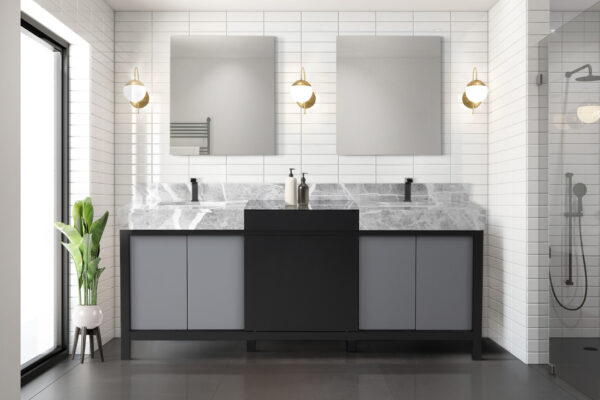 Zilara 80W x 22D Black and Grey Double Bath Vanity, Castle Grey Marble Top and Gun Metal Faucet Set