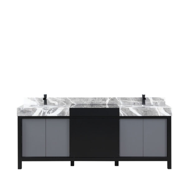 Zilara 84W x 22D Black and Grey Double Bath Vanity, Castle Grey Marble Top and Matte Black Faucet Set